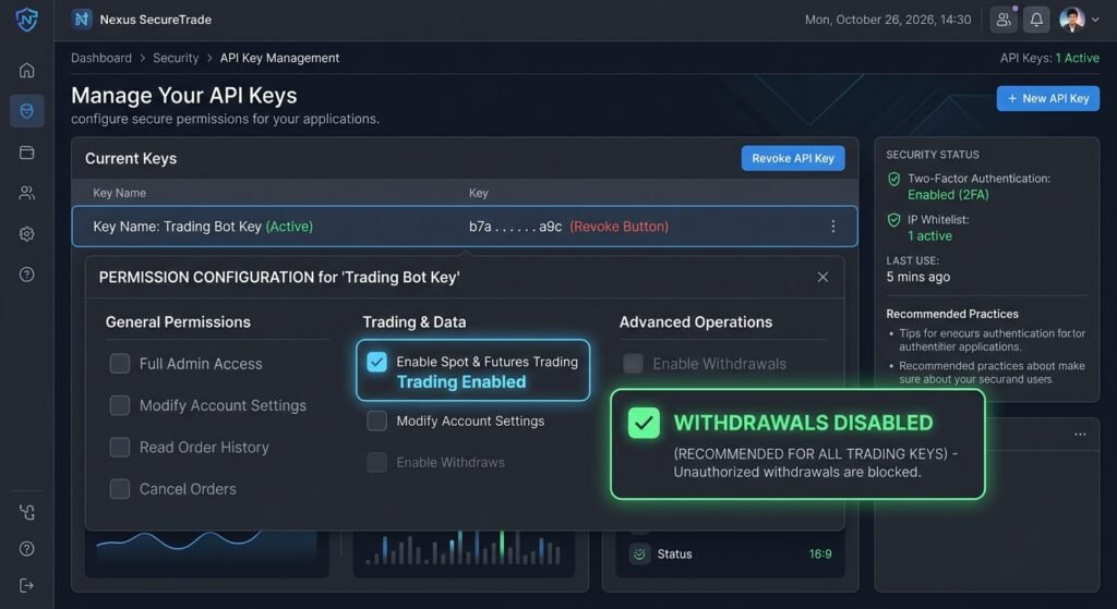 Secure API key setup with withdrawal permissions disabled for AI trading bot.