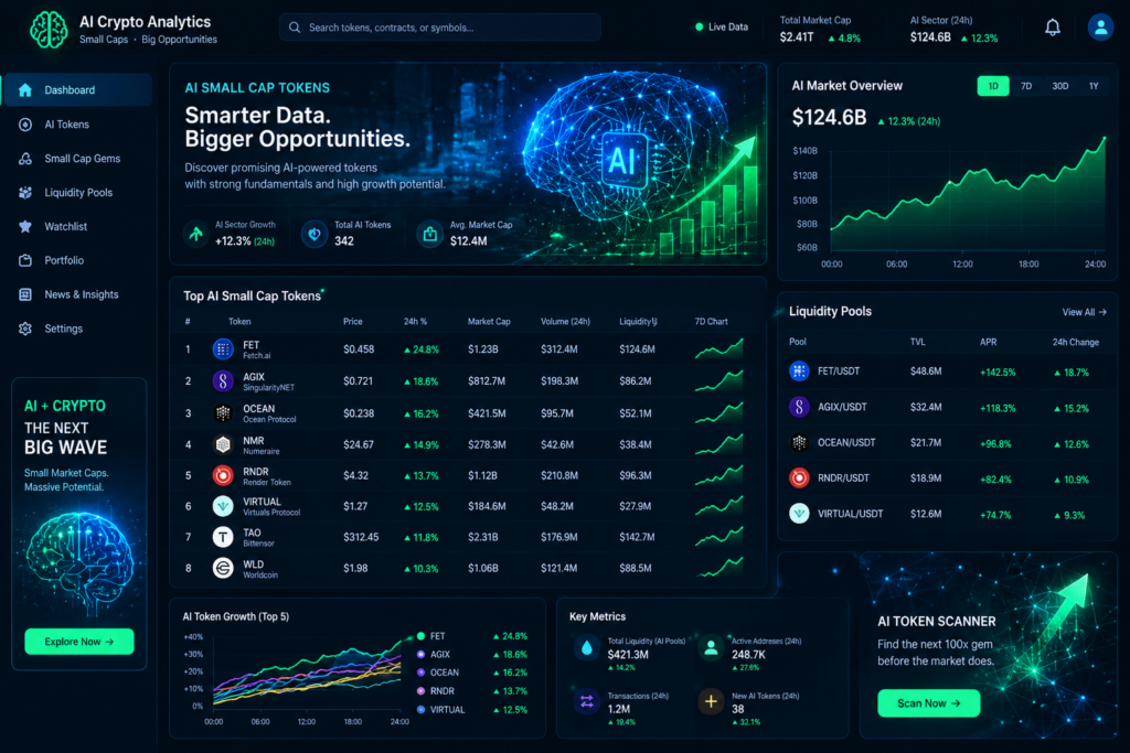 Low market cap crypto analytics and trend monitoring dashboard.