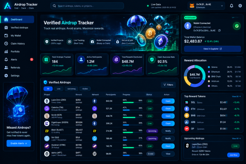 Verified crypto airdrop tracking dashboard and allocation interface.