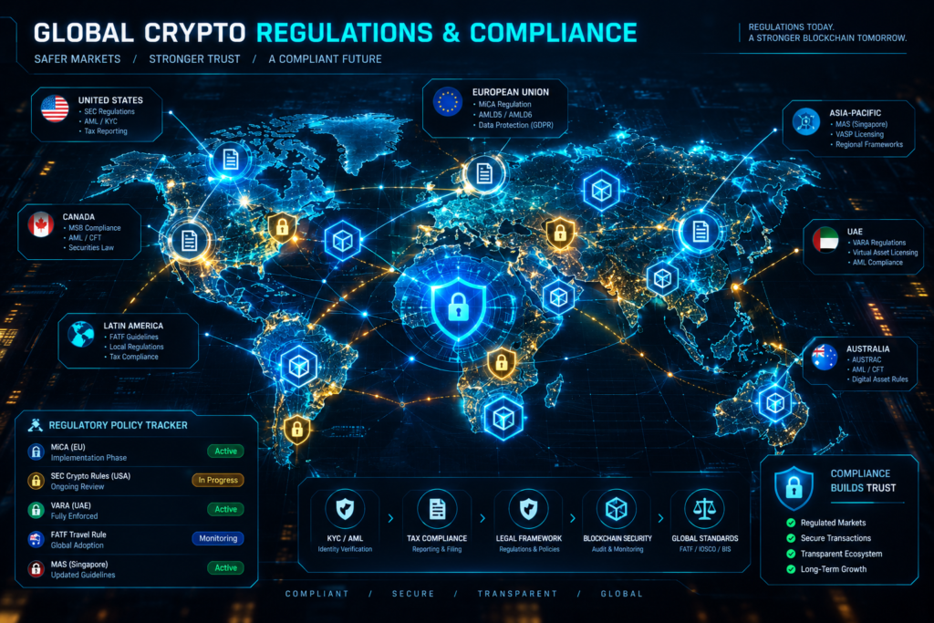 Global cryptocurrency regulatory map and compliance overview.