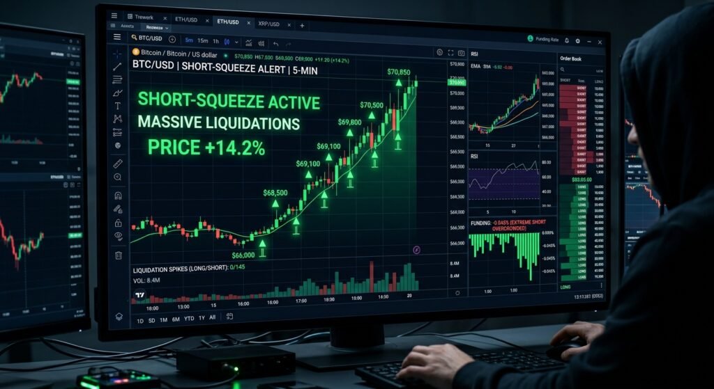 Crypto derivatives liquidation cascade and short squeeze chart visualization.