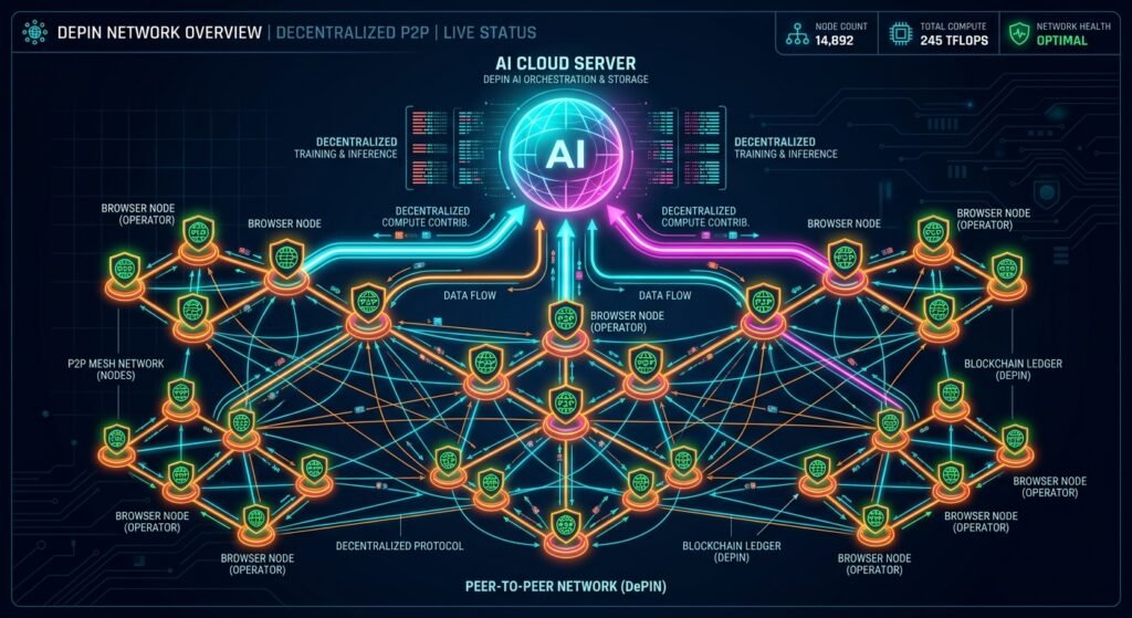 Decentralized DePIN bandwidth sharing and node farming interface for free airdrops.