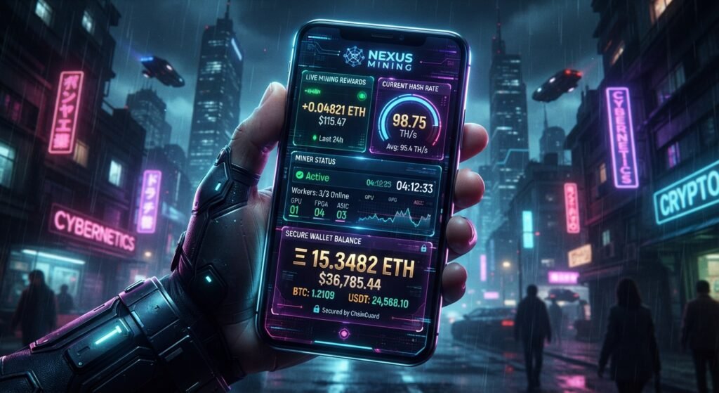 Mobile crypto mining app dashboard interface showing rewards.