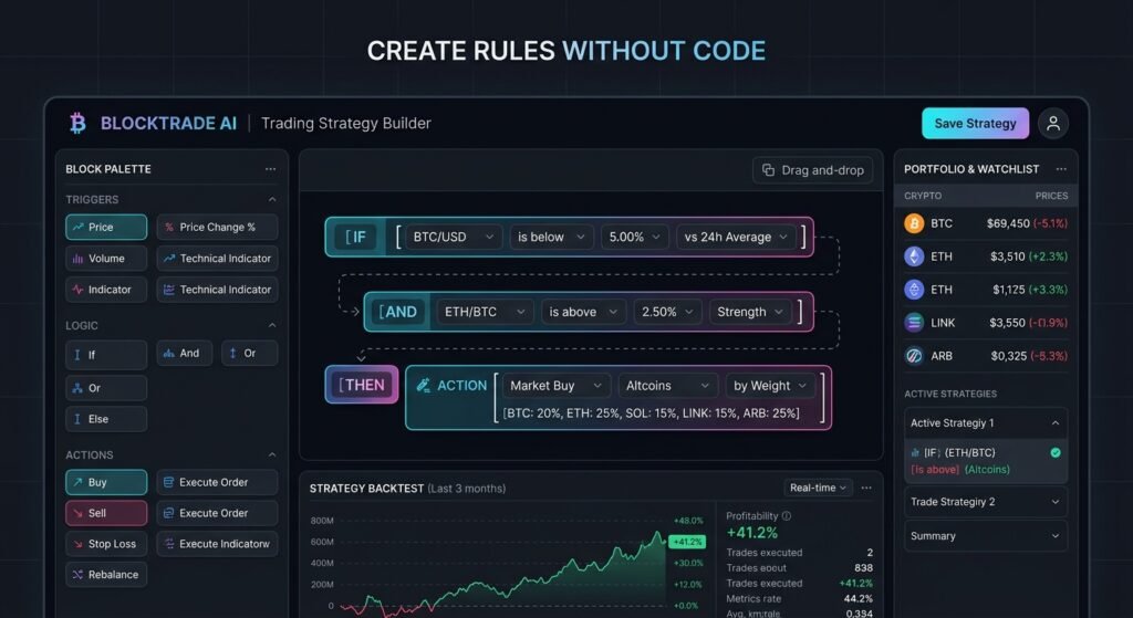 Coinrule visual rule-building interface for beginner crypto automation.