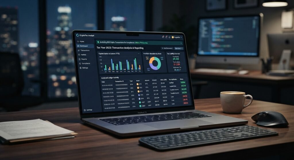 Cryptocurrency transaction ledger being analyzed for tax reporting