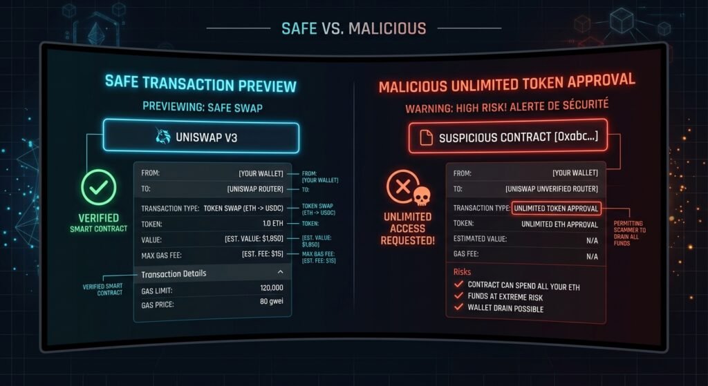 Comparing safe wallet transactions with malicious approval warnings.